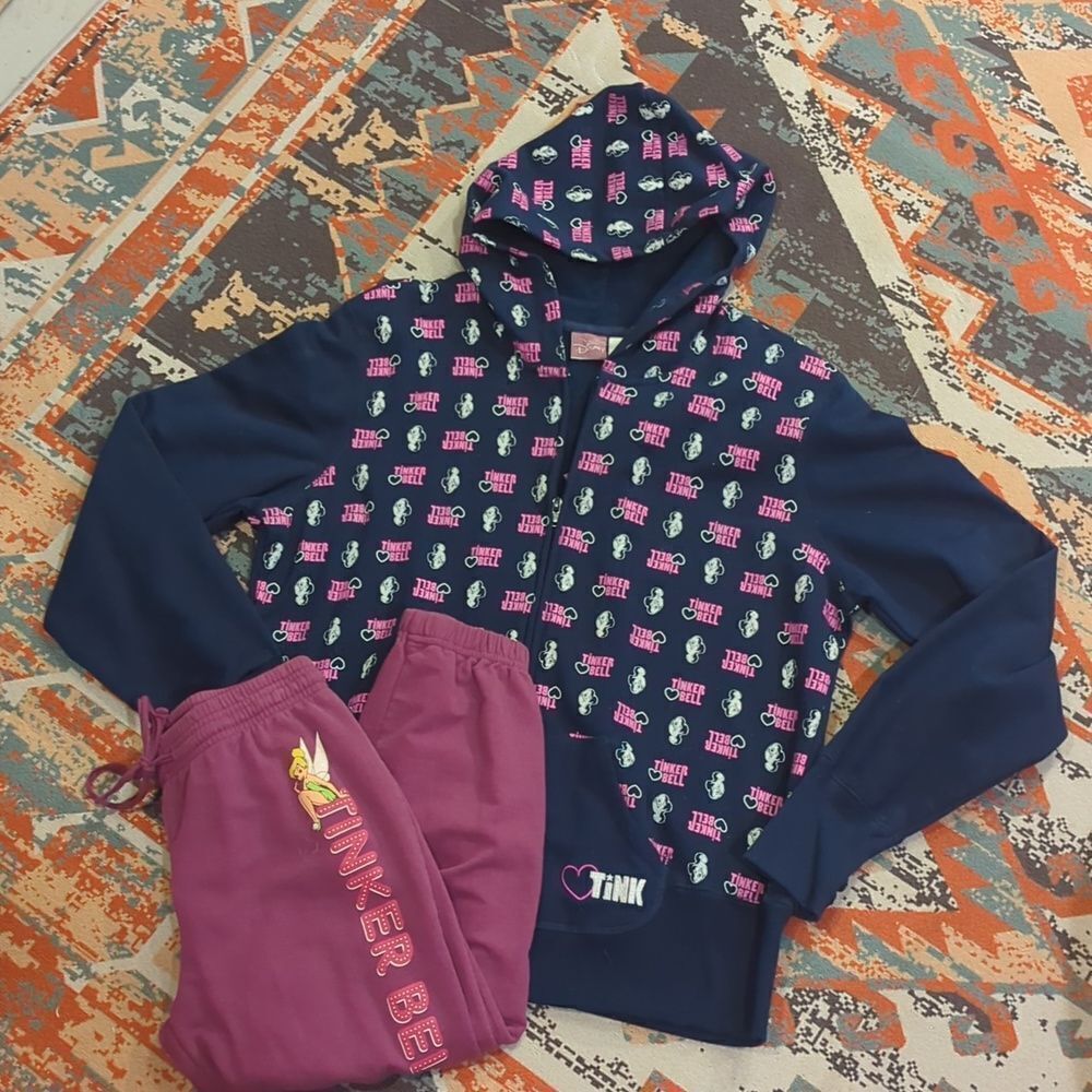 Disney Tinker Bell Jacket Juniors XXL Full Zip Hooded Navy, with S Capri joggers